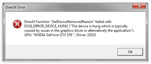 Диалоговое окно с сообщением об ошибке DirectX вызванной нестабильной работой видеокарты