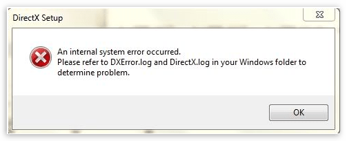 Диалоговое окно сообщающее об ошибке DirectX Setup Error An internal error occurred