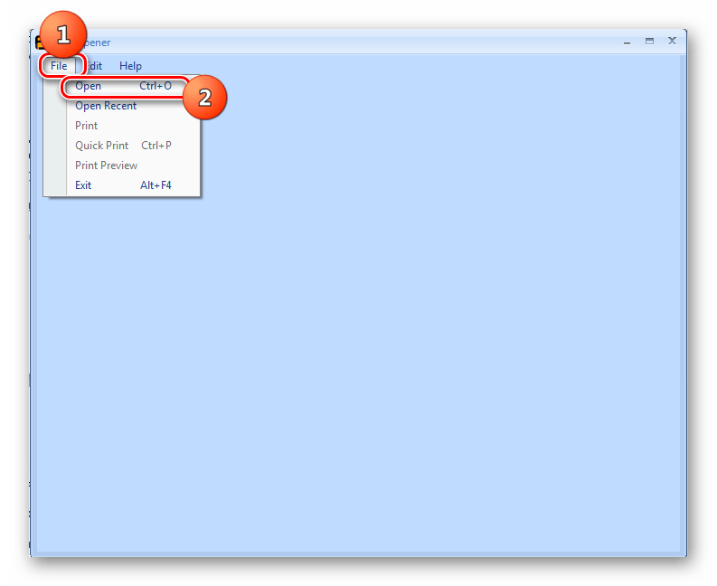 Переход в окно открытия файла через верхнее горизонтальное меню в программе Free Opener