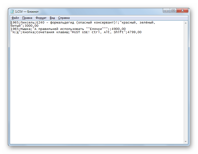 Содержимое файла CSV отображено на листе в программе Блокнот Windows