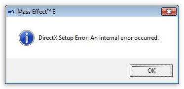 Сообщение в диалоговом окне предупреждающее об ошибке DirectX Setup Error An internal error occurred