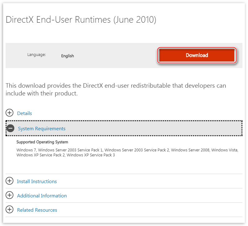 Страница загрузки полной версии установщика среды DirectX для конечного пользователя на официальном сайте Microsoft