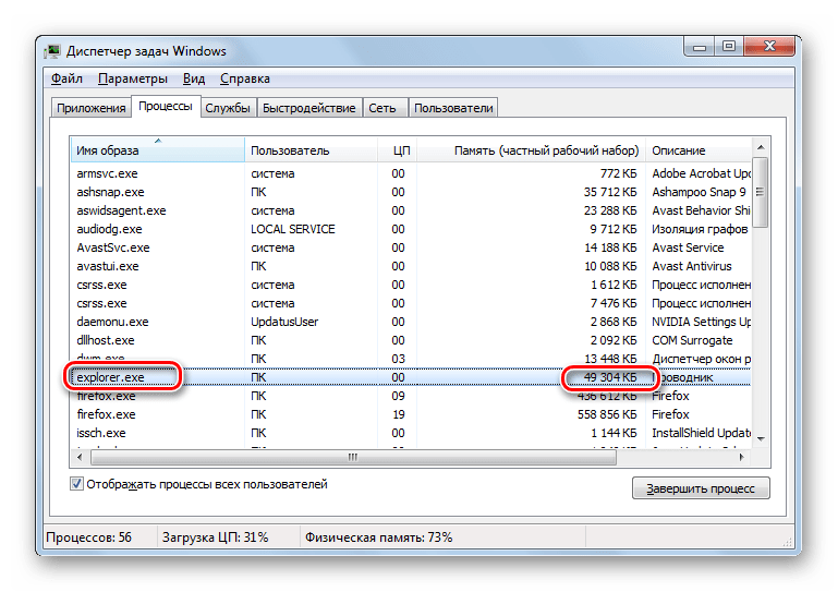 Величина оперативной памяти занимаемая процессом Explorer.exe в Диспетчере задач Windows 7