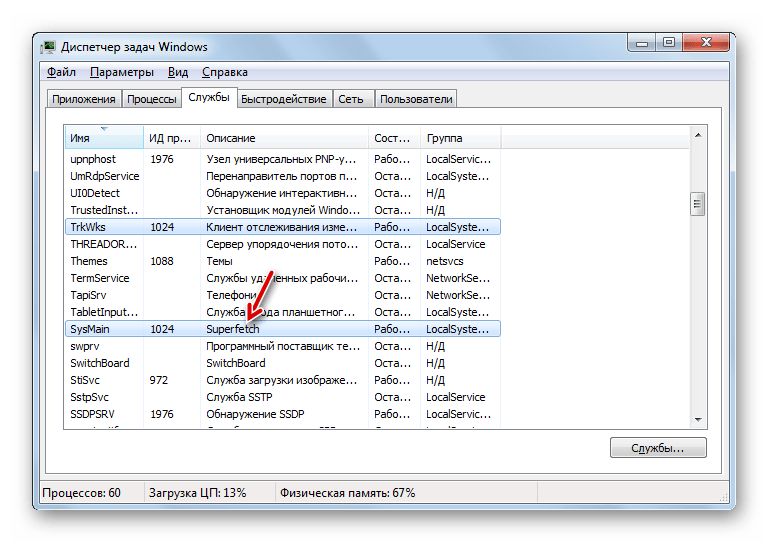 Вкладка Службы в Диспетчере задач в Windows 7