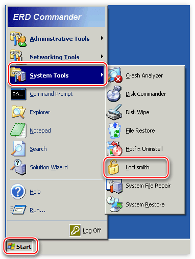 Выбор утилиты Locksmith в разделе System Tools в программе ERD Commander для сброса пароля учетной записи в операционной системе Windows XP