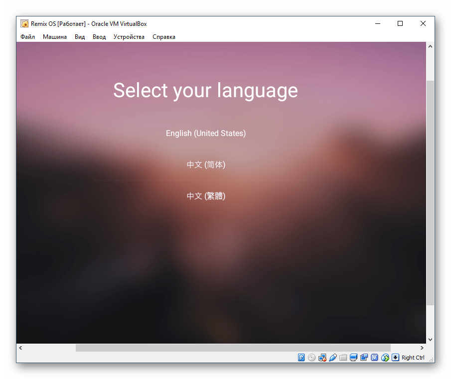 Выбор языка установщика Remix OS в VirtualBox