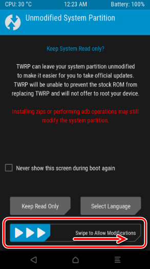 Xiaomi Redmi 3S TWRP изменение системного раздела Swipe to Allow Modifications