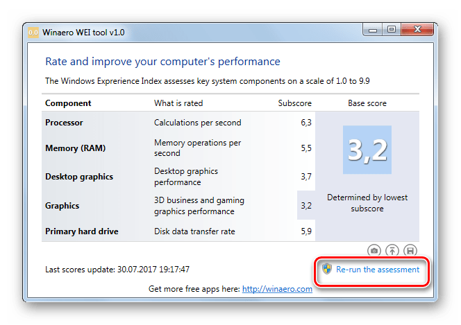 Запуск повторной оценки индекса производительности в окне программы Winaero WEI tool в Windows 7