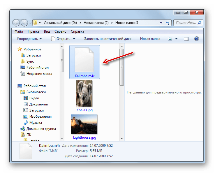 Директория размещения преобразованного файла в формате M4R в Проводнике Windows