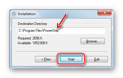 Директория установки приложения в окне установки программы PowerStrip в Windows 7