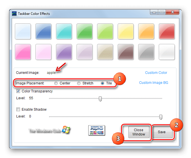 Настройки позиционирования картинки на Панели задач в программе Taskbar Color Effects в Windows 7