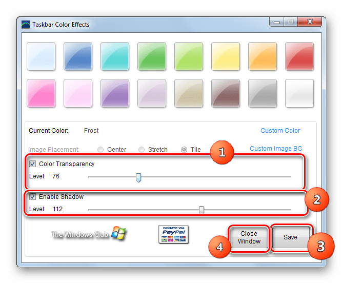 Настройки в программе Taskbar Color Effects в Windows 7