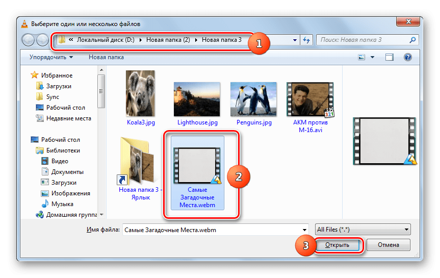 Окно добавления файла в программе VLC Media Player