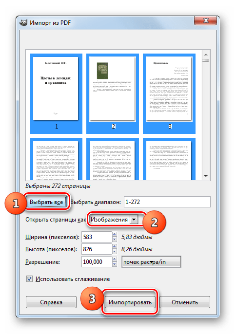 Окно импорта PDF в программе Gimp