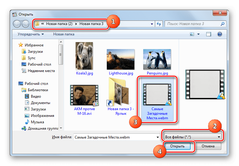 Окно открытия файла в программе Media Player Classic