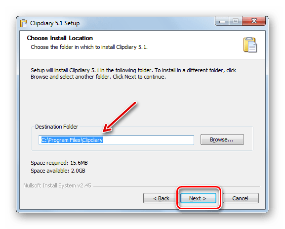 Окно с указанием место расположения для установки программы в установщике программы Clipdiary в Windows 7