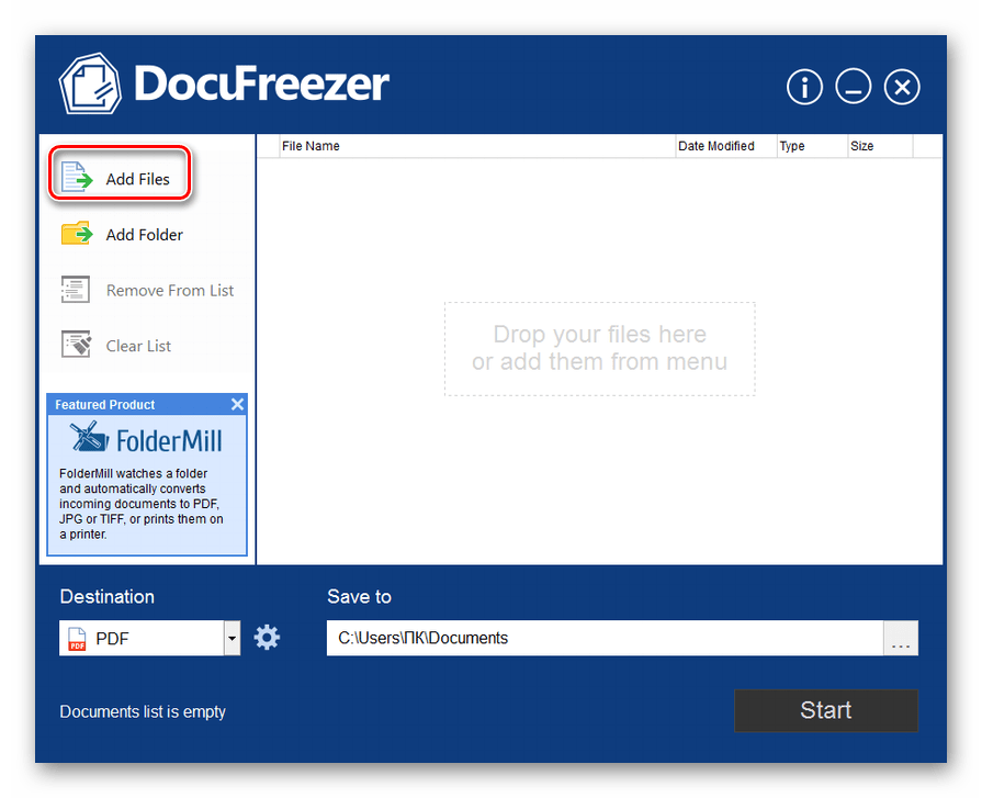 Переход к добавлению файла в программе DocuFreezer