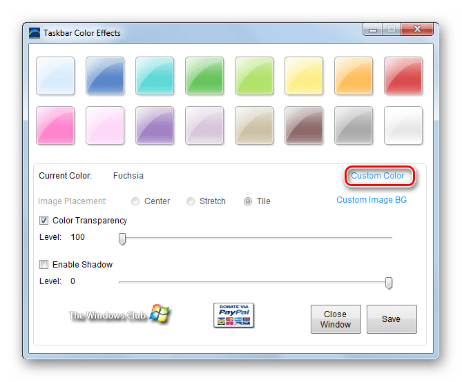 Переход по надписи Custom Collor в программе Taskbar Color Effects в Windows 7