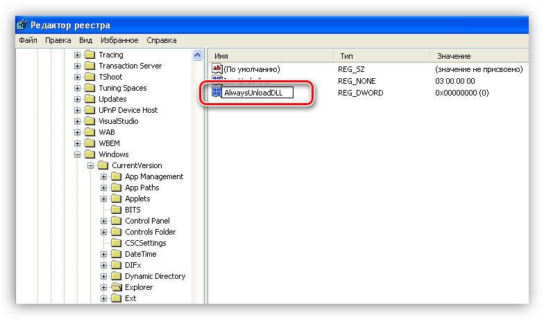 Переименовывание параметра DWORD в утилите редактирования реестра Windows XP