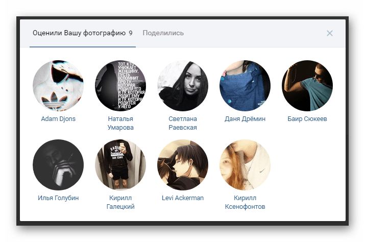 Полный список людей оценивших изображение в разделе фотографии на сайте ВКонтакте