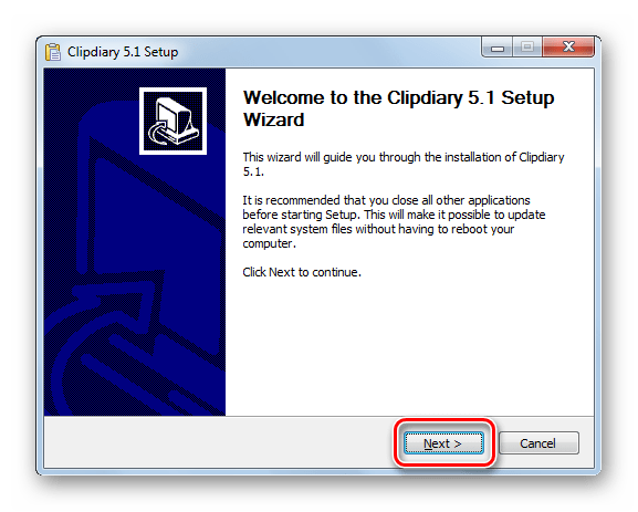 Приветственное окно установщика программы Clipdiary в Windows 7