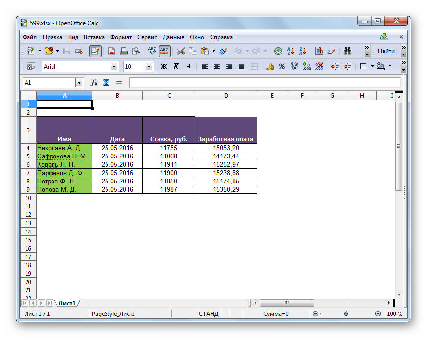Таблица открыта в программе в программе OpenOffice Calc
