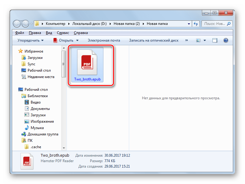Директория размещения преобразованного документа в формате ePub в Проводнике Windows