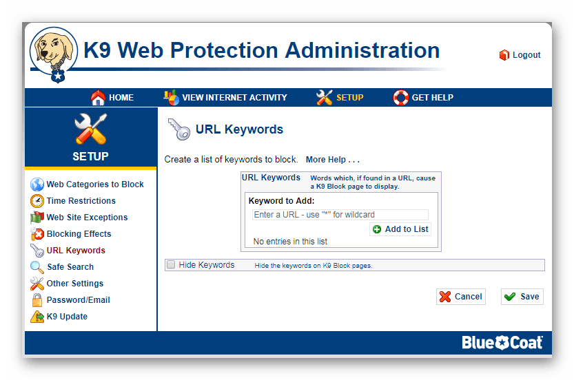 Добавление ключевых слов K9 Web Protection