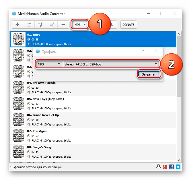Файлы FLAC для конвертирования в MP3 добавлены в программу MediaHuman Audio Converter