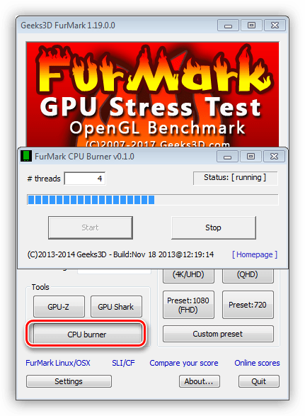 Функция максимального прогрева процессора в программе FurMark