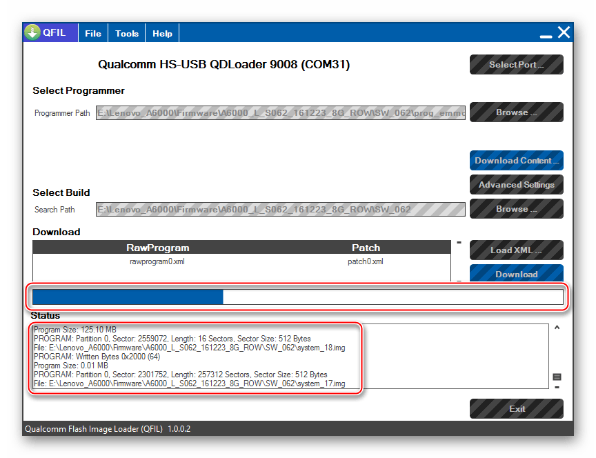 Lenovo A6000 Прошивка через QFIL прогресс