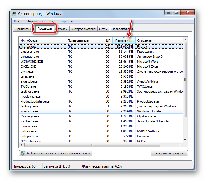 Объем занимаемой процессами памяти во вкладке Процессы в Диспетчере задач в Windows 7