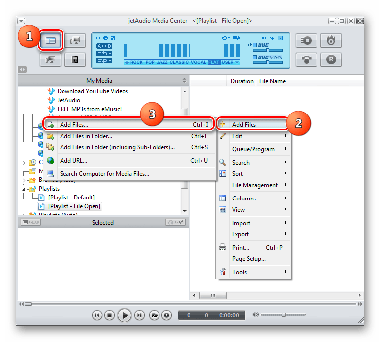 Переход в окно открытия файла через контекстное меню в программе JetAudio
