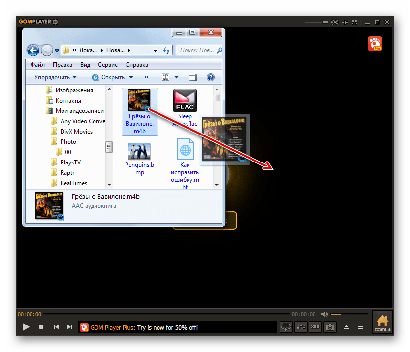 Перетаскивание файла аудиокниги M4B из Проводника Windows в окно программы GOM Player