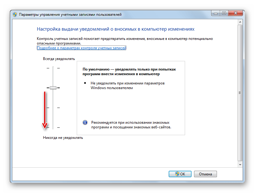 Перетягивание ползунка настройки выдачи уведомлений в крайнее нижнее положение в окне Параметры управления учетными записями пользователей в Windows 7