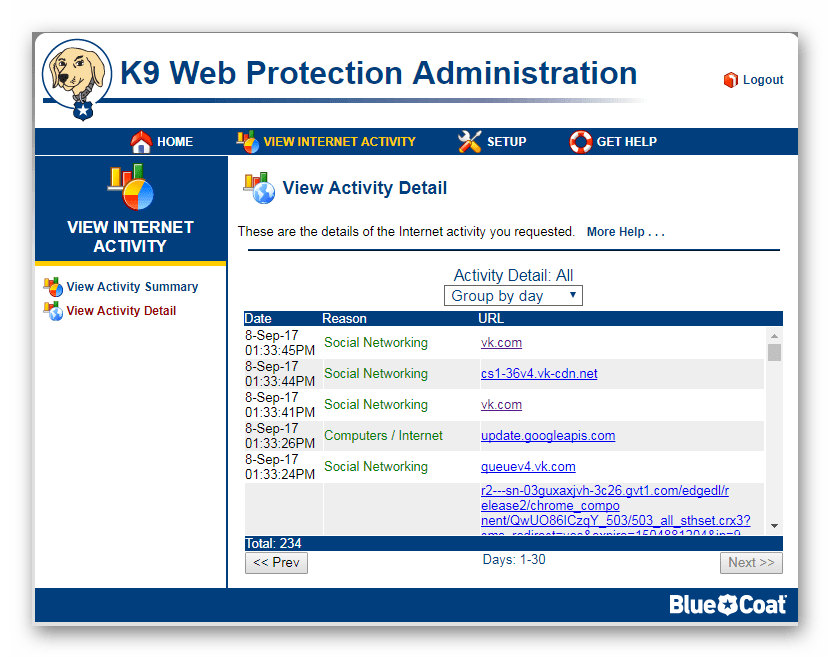 Просмотр подробностей активности K9 Web Protection