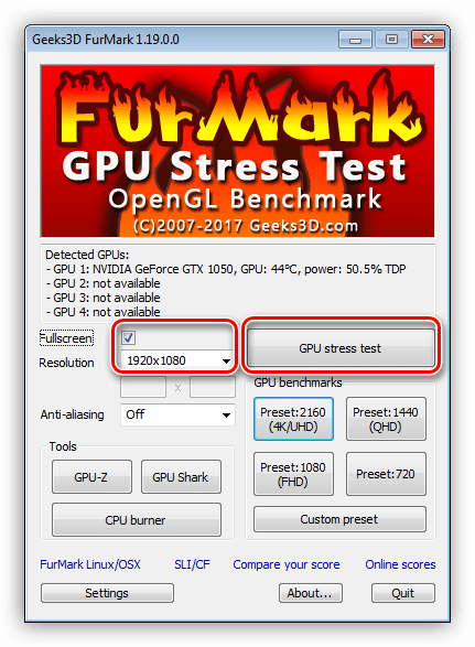 Запуск стрессового тестирования видеокарты в программе FurMark