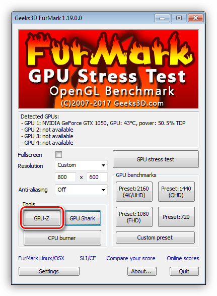 Запуск утилиты GPU-Z в программе FurMark