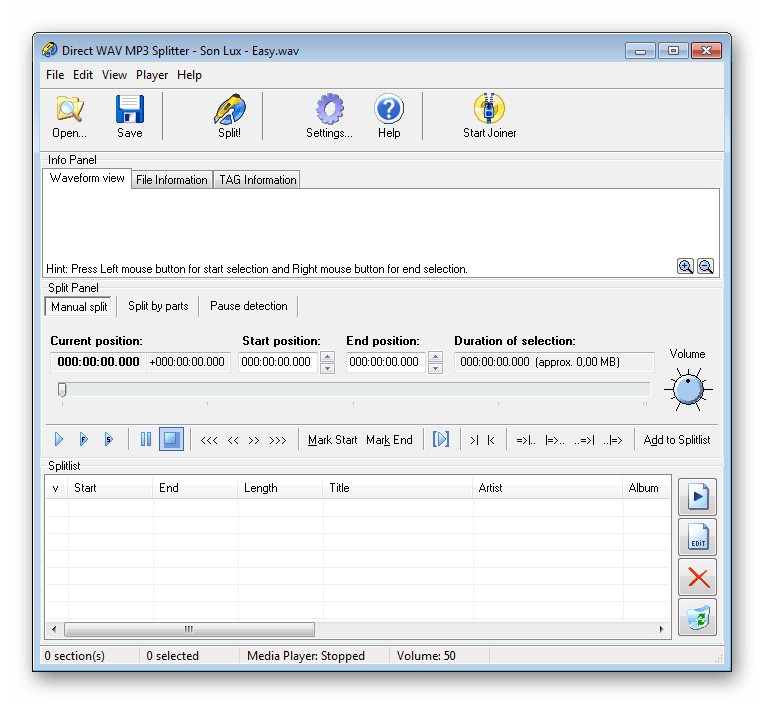 Главное окно Direct WAV MP3 Splitter