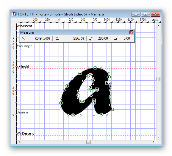 Инструмент для измерения характеристик символа в FontCreator