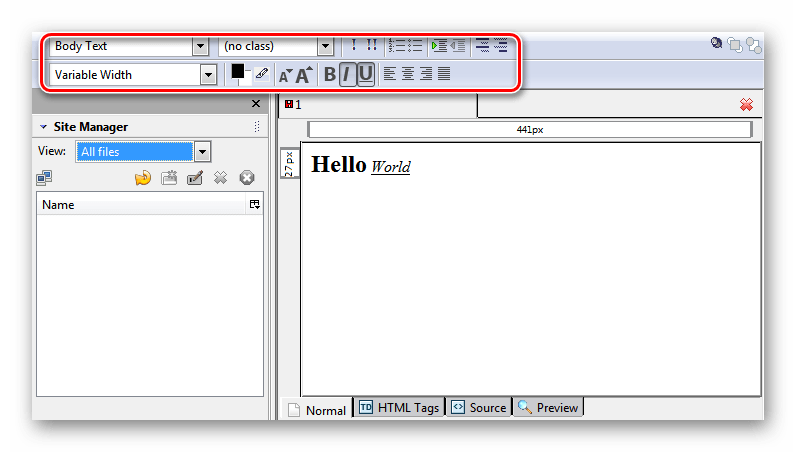 Инструменты для форматирования текста в визуальном HTML-редакторе Kompozer
