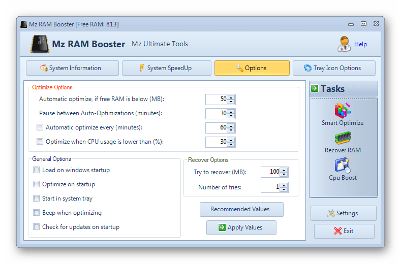Настройки периодизации выполнения задач по ичистке оперативной памяти в программе Mz Ram Booster