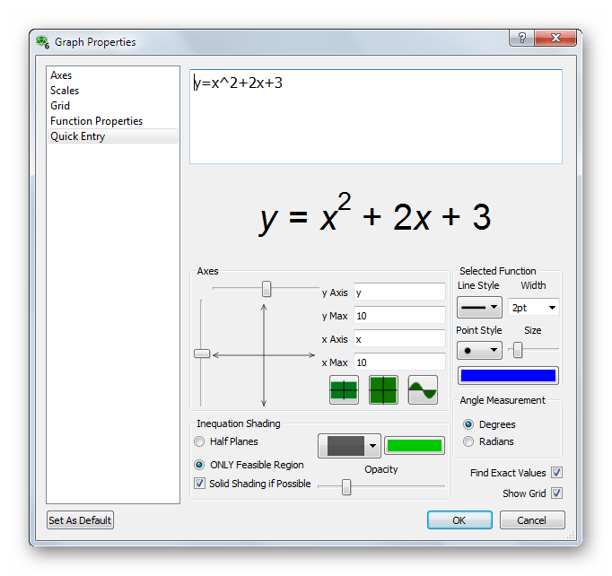 Окно настройки параметров графика математической функции при построении двумерного графика в Efofex FX Draw