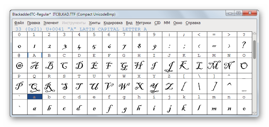 Окно просмотра имеющихся на компьютере шрифтов в FontForge