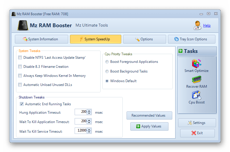 Оптимизация работы центрального процессора в программе Mz Ram Booster