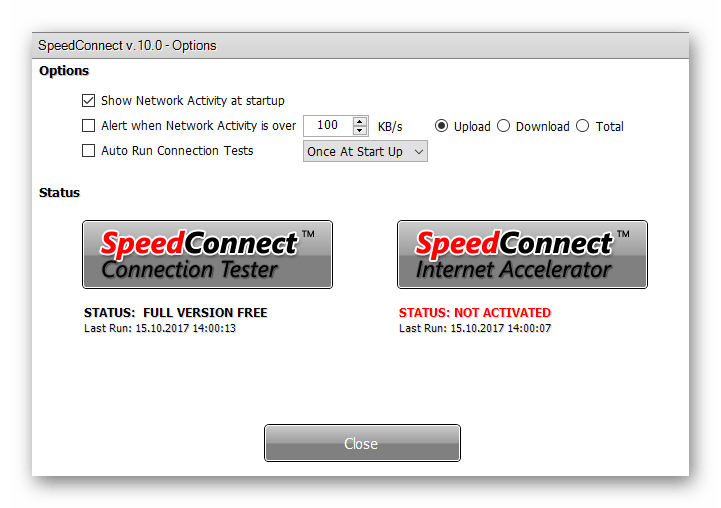 Опции в Speed Connect Internet Accelerator