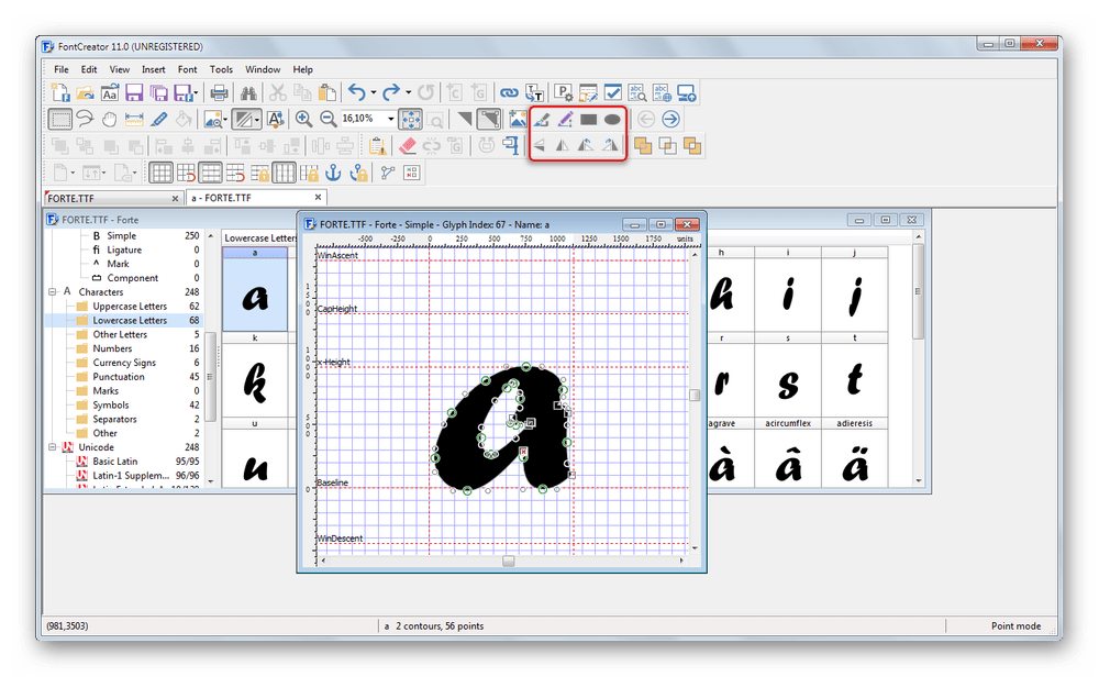 Основные инструменты для создания и редактирования символов в FontCreator