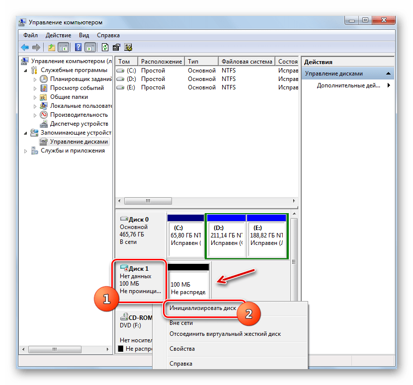 Переход к инициализации нераспределенного диска через контекстное меню в разделе Управление дисками в окне Управление компьютером в Windows 7