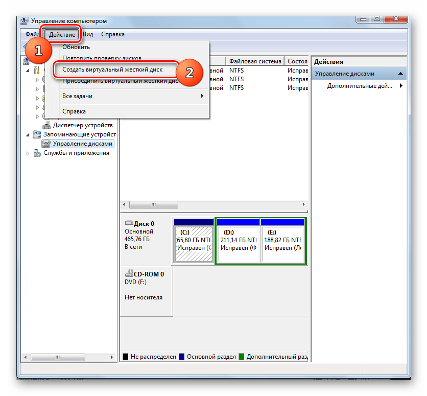 Переход к созданию виртуального жесткого диска через верзнее вертикальное меню в разделе Управление дисками в окне Управление компьютером в Windows 7