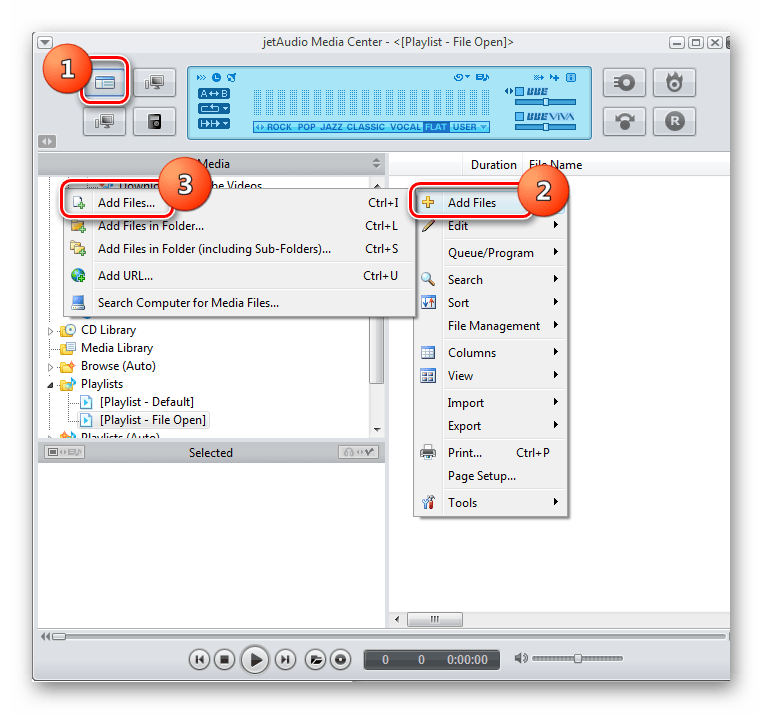 Переход в окно открытия файла через контекстное меню в программе jetAudio